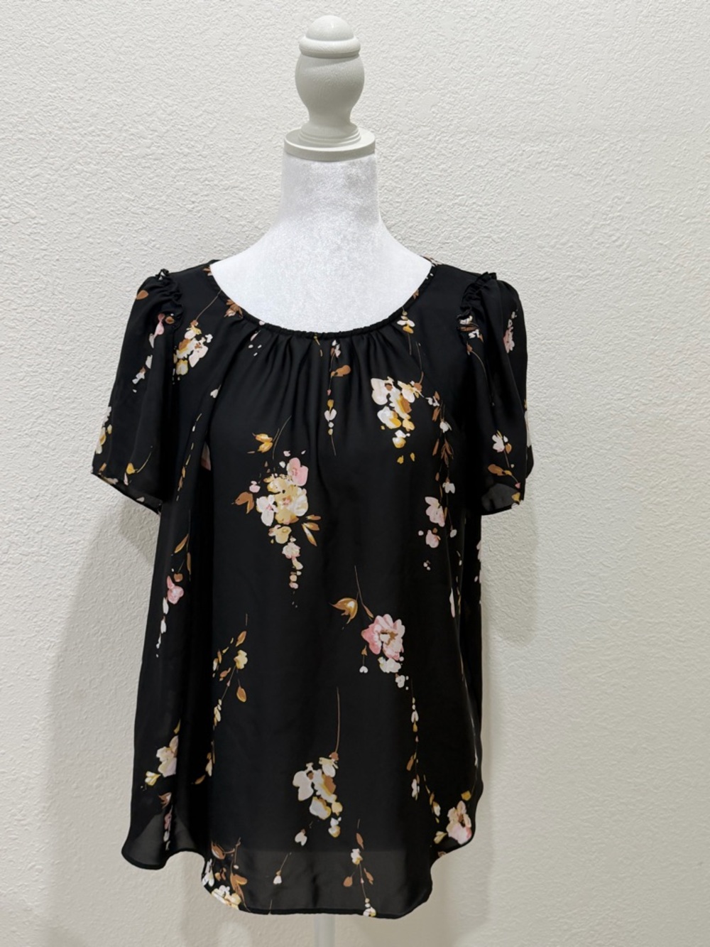 LC Lauren Conrad Black Floral Short Puff Sleeve Blouse with Pastel Blossoms